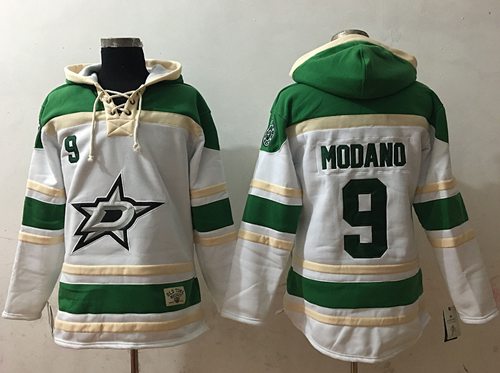 Stars #9 Mike Modano White Sawyer Hooded Sweatshirt Stitched NHL Jersey